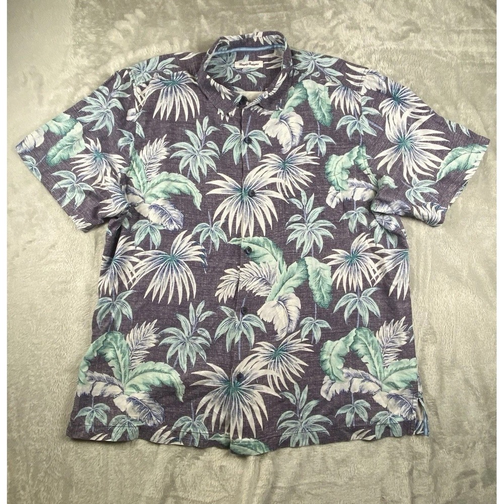 Tommy Bahama Shirt Mens 2XL Short Sleeve Button Silk Tropical Palms Blue/ Green